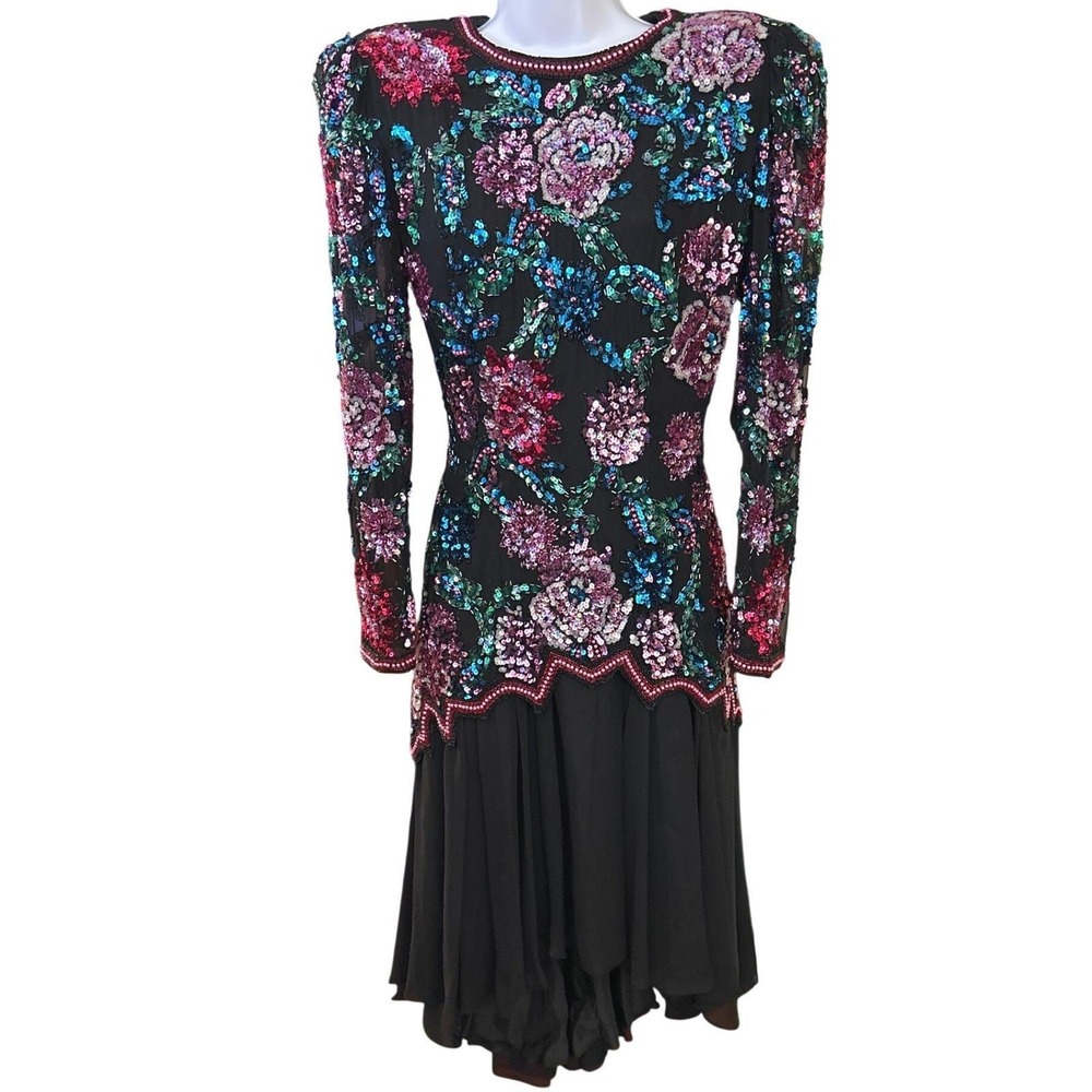 Vintage Destinee Black Floral Sequin Evening Dress Long Sleeve Glam Disco Luxe